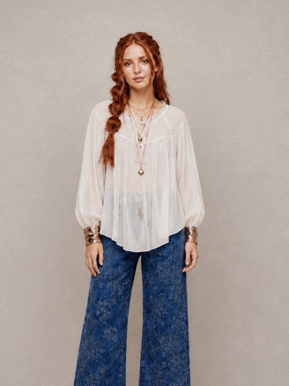 Free People Ivory Sheer Dream Cuff Blouse | Size XS